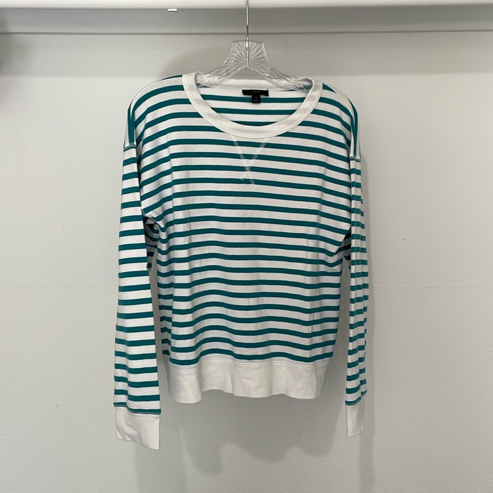 J. Crew Turquoise Blue and White Striped Terry Cloth Sweatshirt